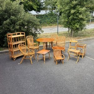 Ensemble de mobilier en rotin vintage – Salon complet en bambou tressé, design des années 1960-1970
