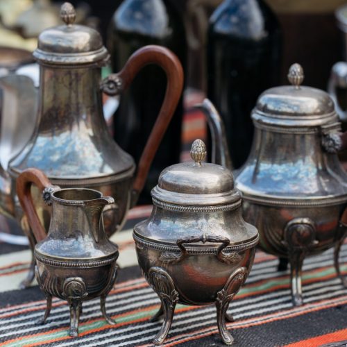 Metal pots at street market.